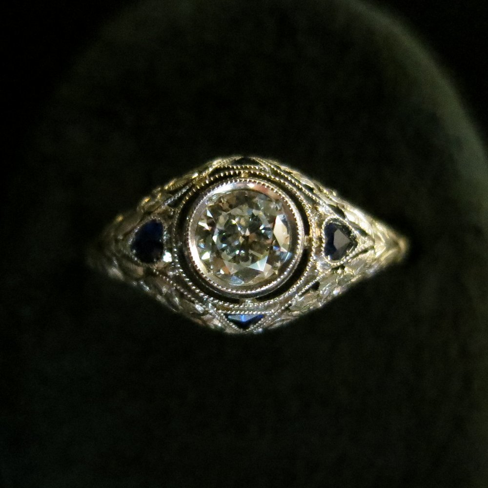 リング　ダイヤモンド　サファイア　ホワイトゴールド　エドワーディアン　アールデコ
