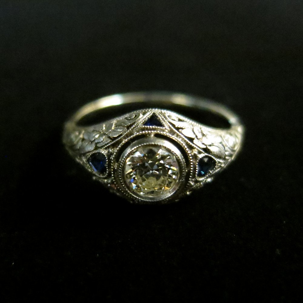 リング　ダイヤモンド　サファイア　ホワイトゴールド　エドワーディアン　アールデコ