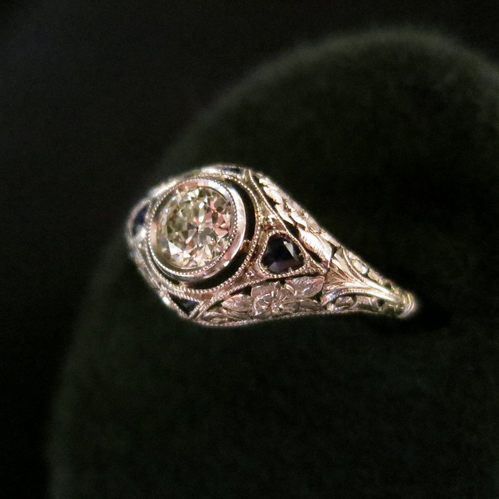 リング　ダイヤモンド　サファイア　ホワイトゴールド　エドワーディアン　アールデコ