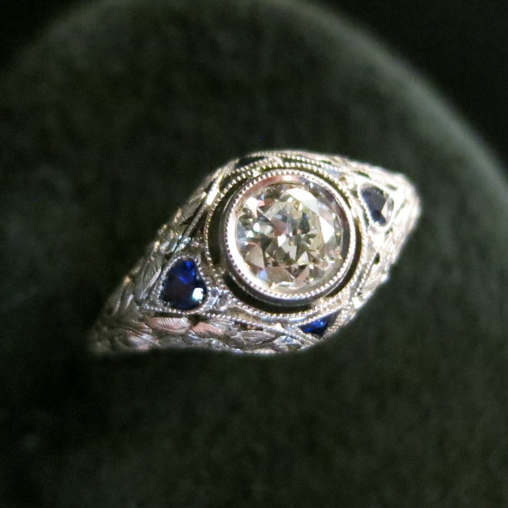 リング　ダイヤモンド　サファイア　ホワイトゴールド　エドワーディアン　アールデコ