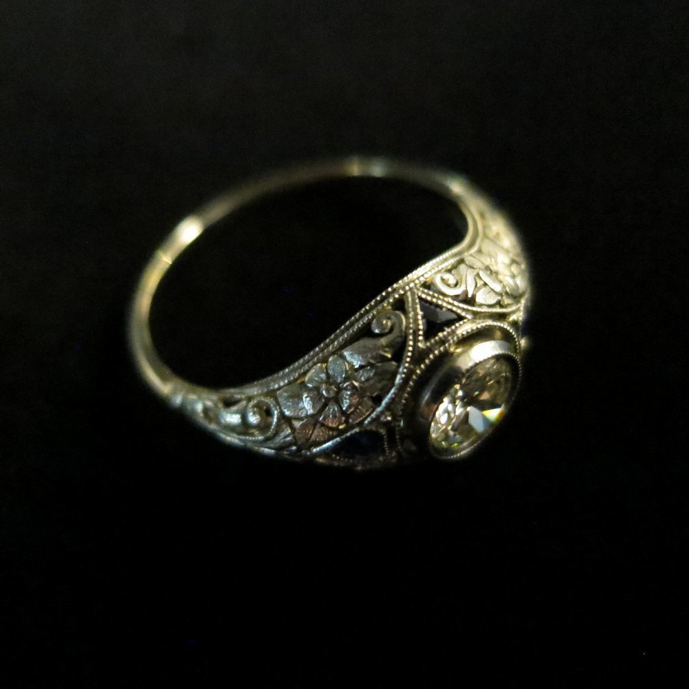 リング　ダイヤモンド　サファイア　ホワイトゴールド　エドワーディアン　アールデコ